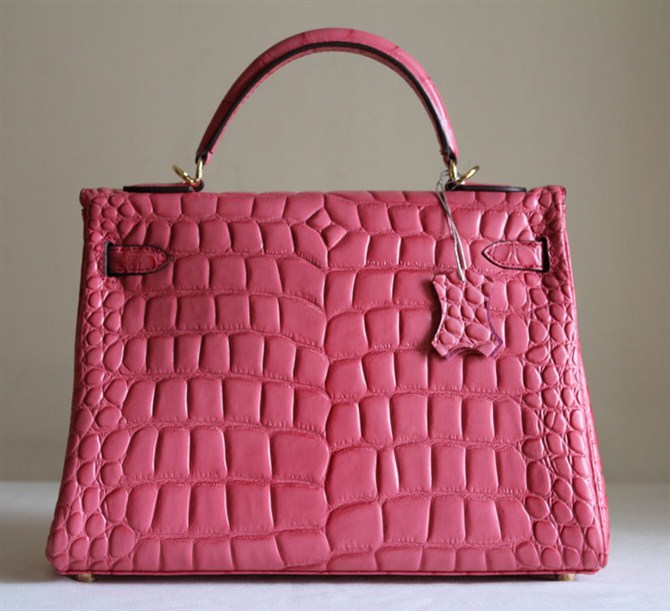 7A Replica Hermes Kelly 32cm Crocodile Veins Leather Bag Pink HC0001 (1)